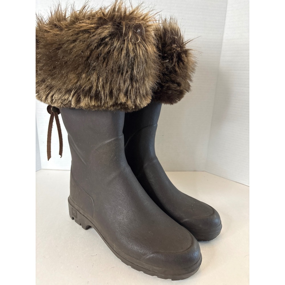 Le Chameau Brown Rubber Rain Boots Faux Fur Trim Women 41 Made in Morocco